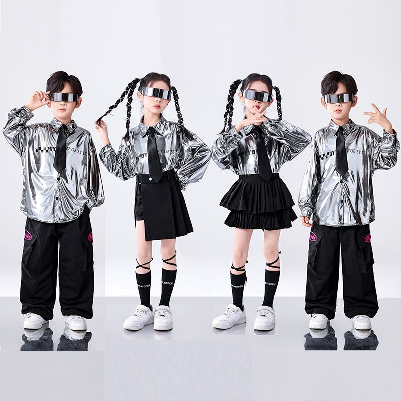 儿童科技感服装元旦亮闪闪演出服亮片舞台表演服银色未来感舞台服