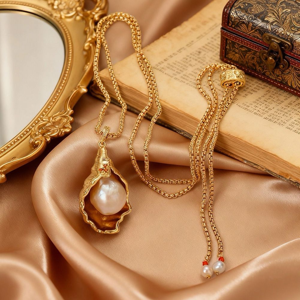 Baroque Freshwater Pearl Shell Conch Pendant Long Sweater Chain_voghion.com