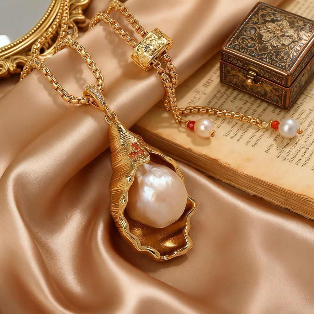 Baroque Freshwater Pearl Shell Conch Pendant Long Sweater Chain_voghion.com