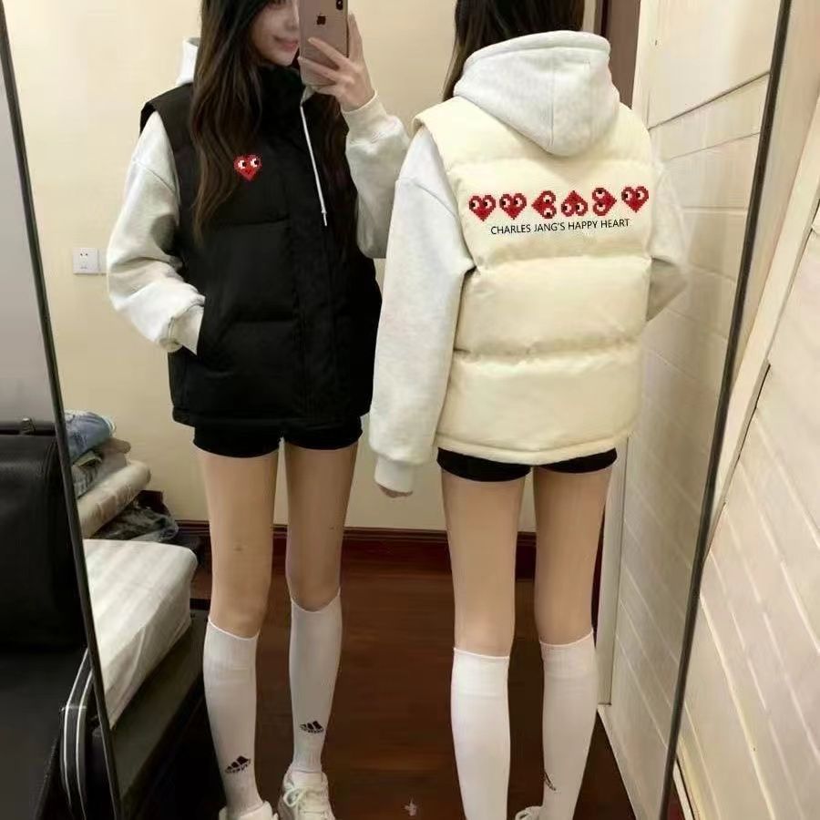 ins美式爱心潮牌印花立领马甲女2025韩版甜辣风加厚学生背心棉服