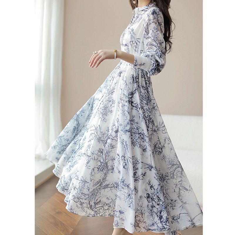 2026新款法式春秋连衣裙中国风水墨画印花收腰显瘦高端气质连衣裙