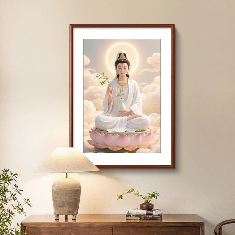 观世音画像坐莲观音挂画客厅装饰画书房茶室玄关画供奉神像实木框 2