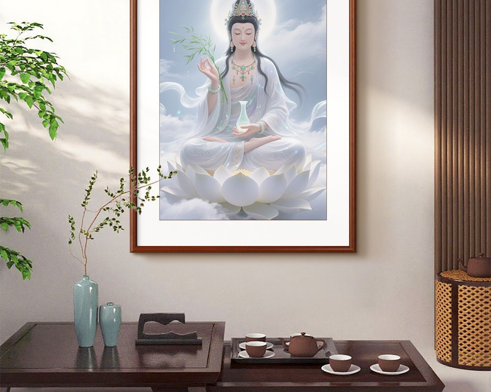 观世音画像坐莲观音挂画客厅装饰画书房茶室玄关画供奉神像实木框 4