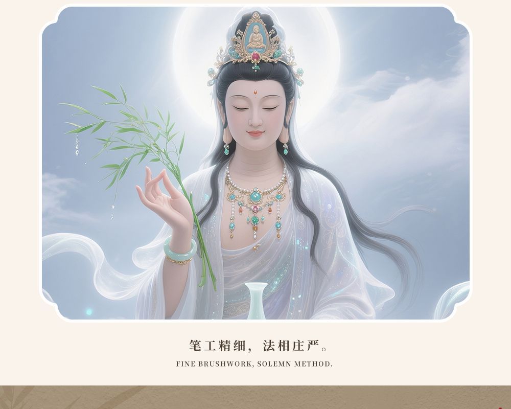 观世音画像坐莲观音挂画客厅装饰画书房茶室玄关画供奉神像实木框 detail 1