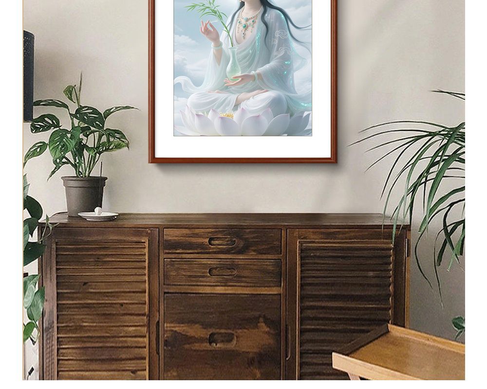 观世音画像坐莲观音挂画客厅装饰画书房茶室玄关画供奉神像实木框 detail 12