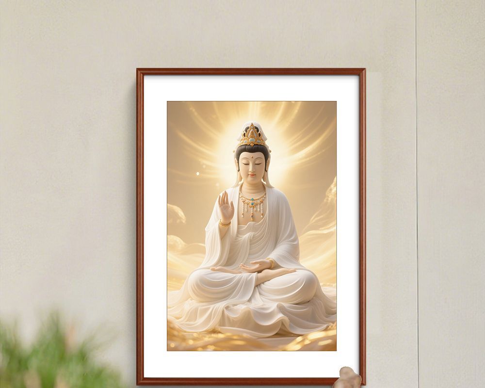观世音画像坐莲观音挂画客厅装饰画书房茶室玄关画供奉神像实木框 detail 20