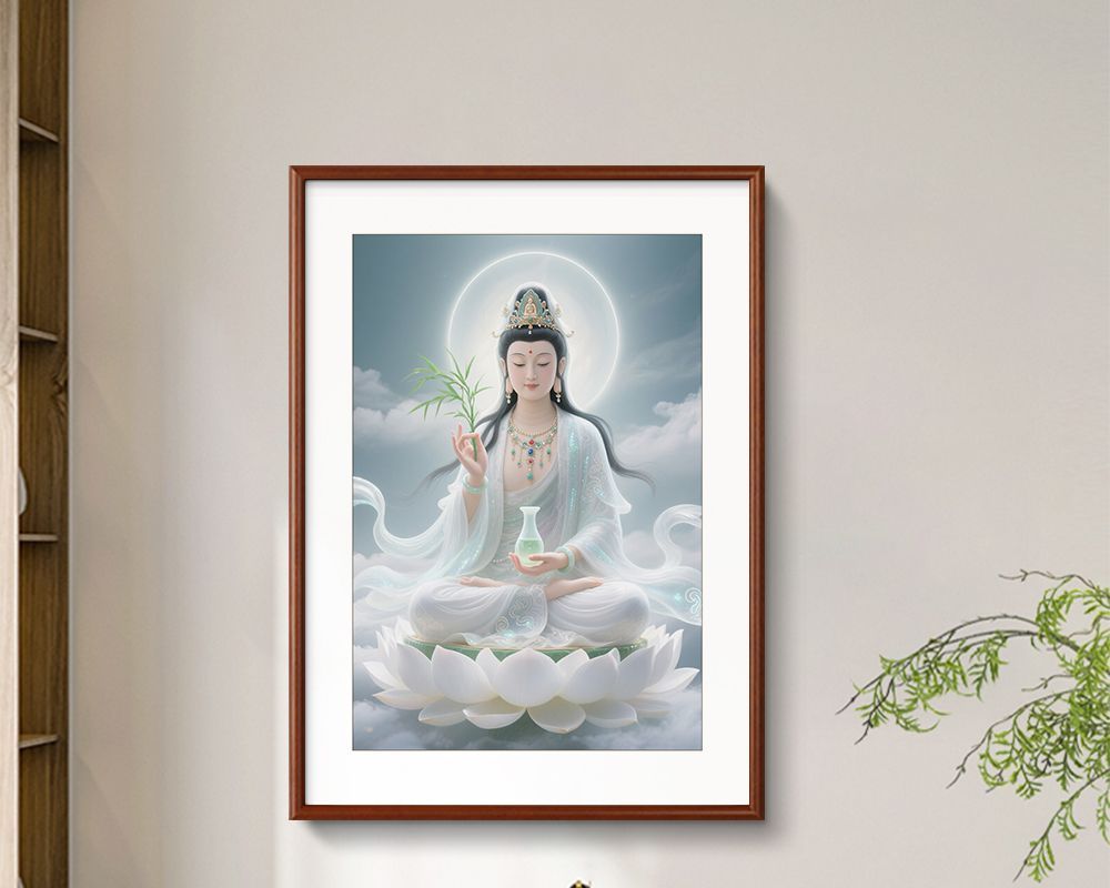 观世音画像坐莲观音挂画客厅装饰画书房茶室玄关画供奉神像实木框 detail 10