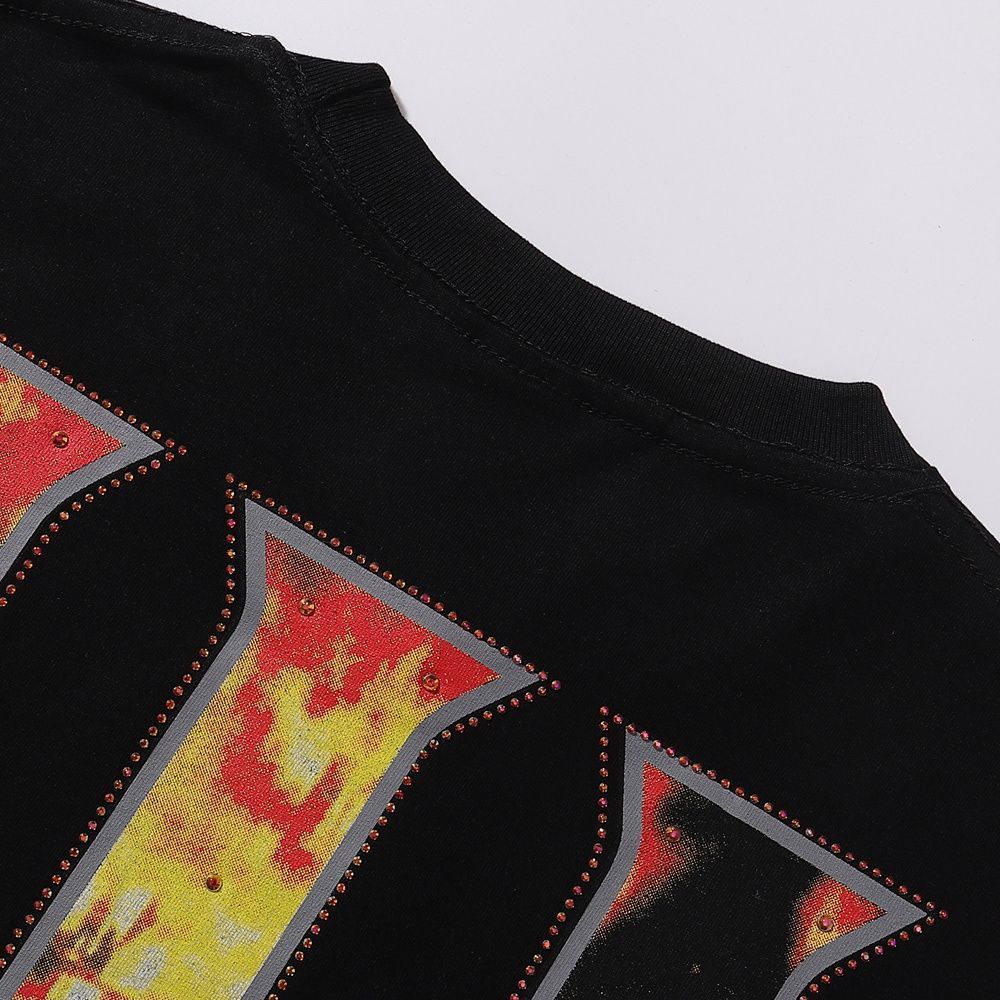 Meichao Life Hustlers Masked Tattoo Angel Gun Print Rhinestone High Street Loose Fit Unisex Short Sleeve T-Shirt_viptrois.com