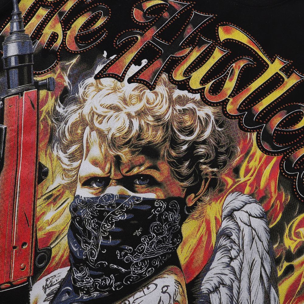 Meichao Life Hustlers Masked Tattoo Angel Gun Print Rhinestone High Street Loose Fit Unisex Short Sleeve T-Shirt_viptrois.com
