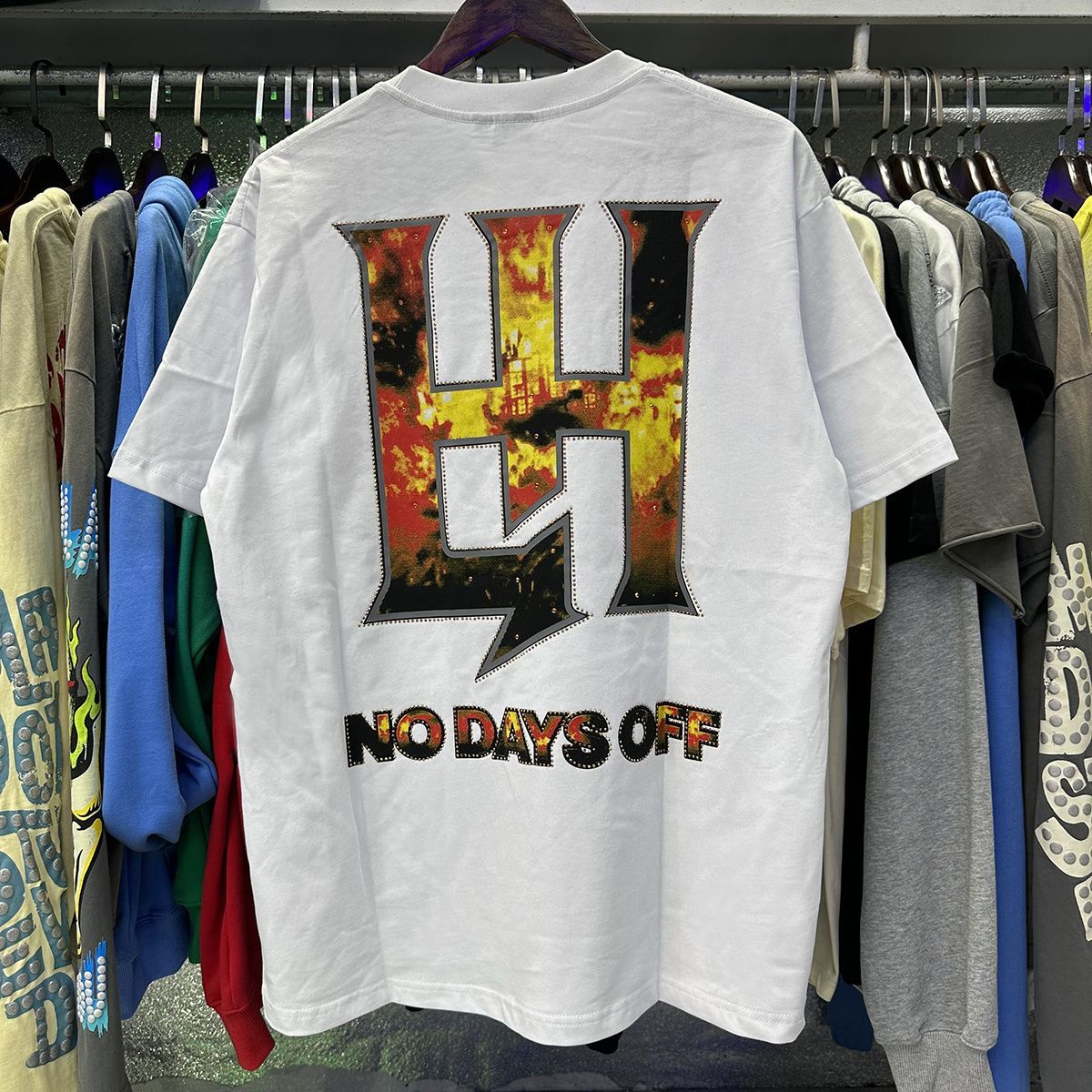 Meichao Life Hustlers Masked Tattoo Angel Gun Print Rhinestone High Street Loose Fit Unisex Short Sleeve T-Shirt_viptrois.com