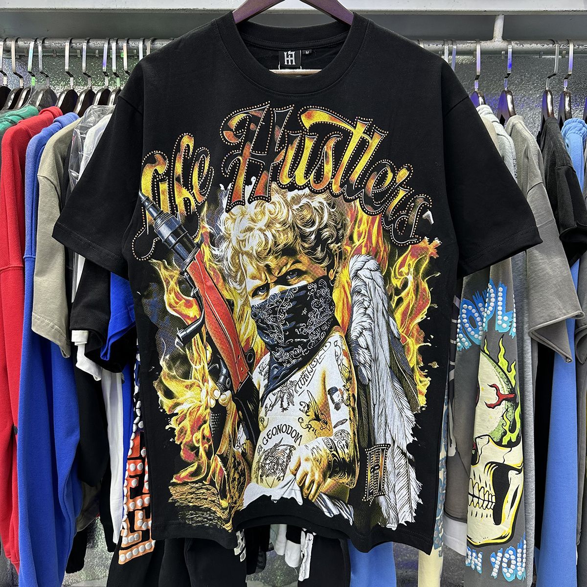 Meichao Life Hustlers Masked Tattoo Angel Gun Print Rhinestone High Street Loose Fit Unisex Short Sleeve T-Shirt_viptrois.com
