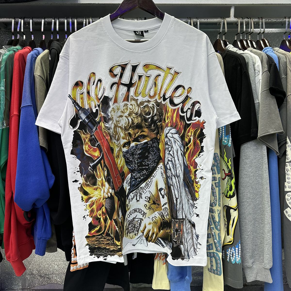 Meichao Life Hustlers Masked Tattoo Angel Gun Print Rhinestone High Street Loose Fit Unisex Short Sleeve T-Shirt_viptrois.com