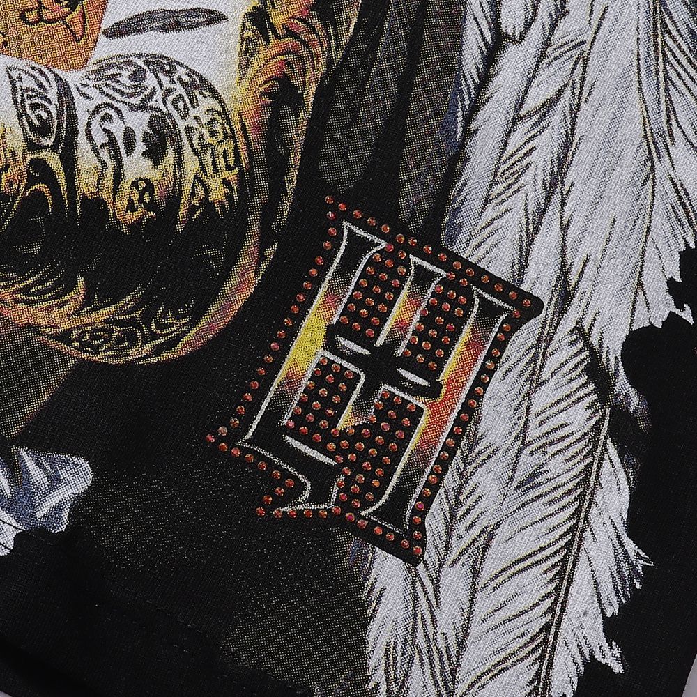 Meichao Life Hustlers Masked Tattoo Angel Gun Print Rhinestone High Street Loose Fit Unisex Short Sleeve T-Shirt_viptrois.com