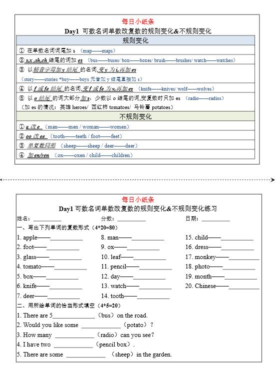 七年级上英语词语变化练习34天