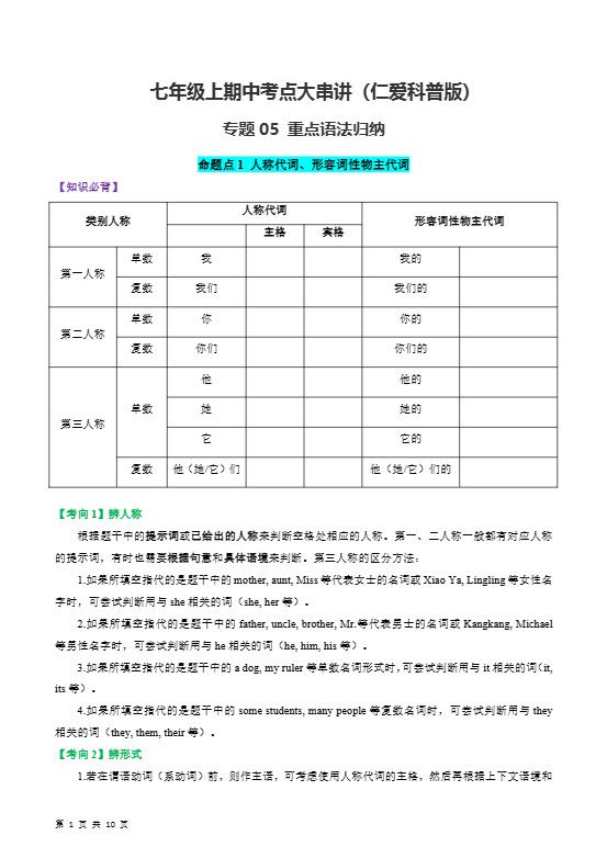七年级上英语重点语法归纳-仁爱科普版
