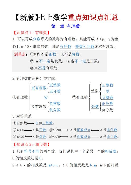 七年级上数学知识点总结（人教版）