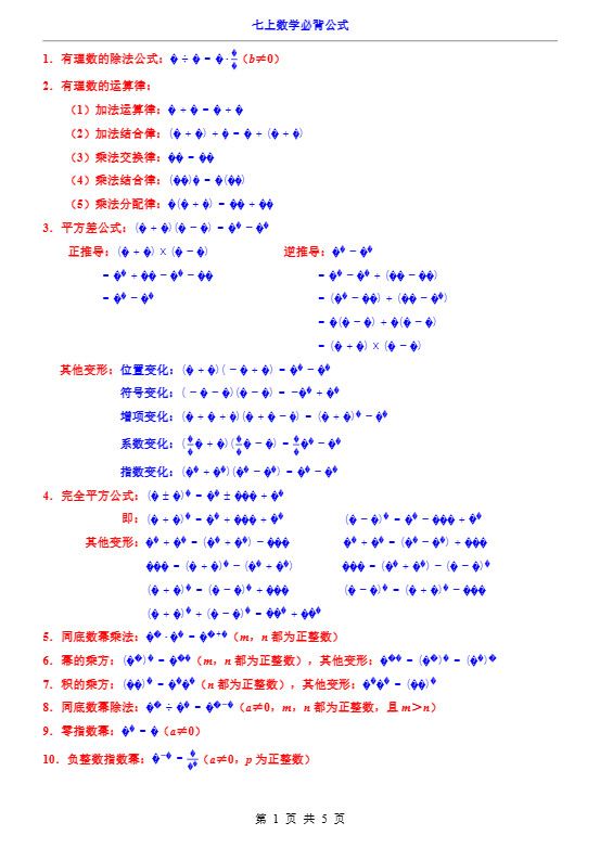 七年级上数学必背公式（人教版）