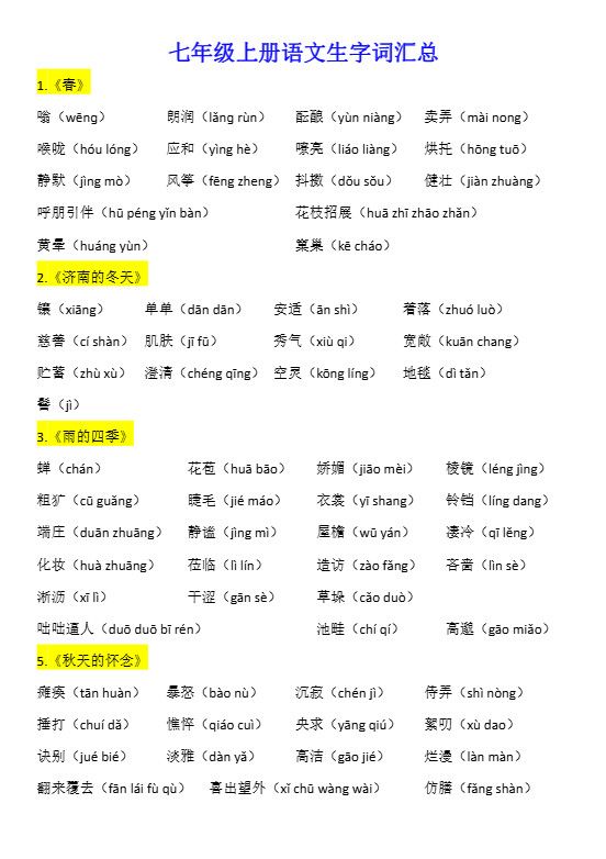 七年级上语文生字词汇总