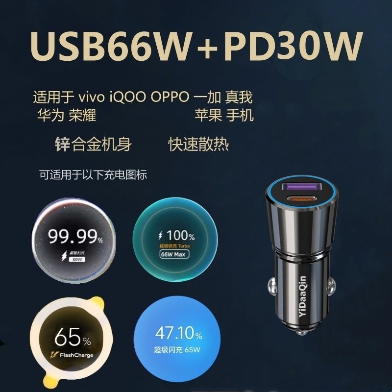 隐达擎全兼容车载充电器66W适用iQOOvivoOPPO一加华为荣耀苹果