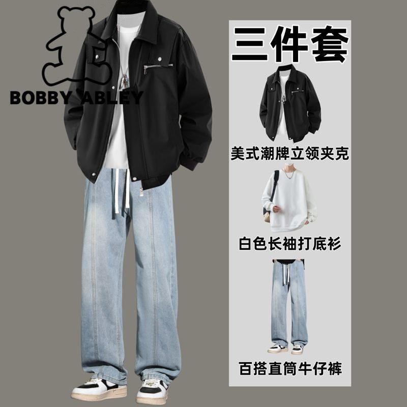 BOBBY ABLEY工装夹克套装男青少年一整套搭配男装牛仔裤潮三件套