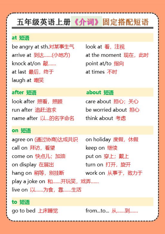 五年级英语上册《介词》固定搭配短语