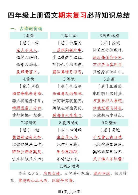 四年级上语文期末复习必背知识总结.pdf