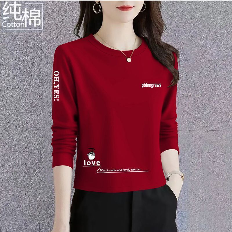 春秋新款纯棉长袖圆领t恤女打底衫宽松显瘦减龄高端洋气上衣女