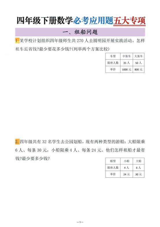 四年级下数学必考应用题五大专项.pdf
