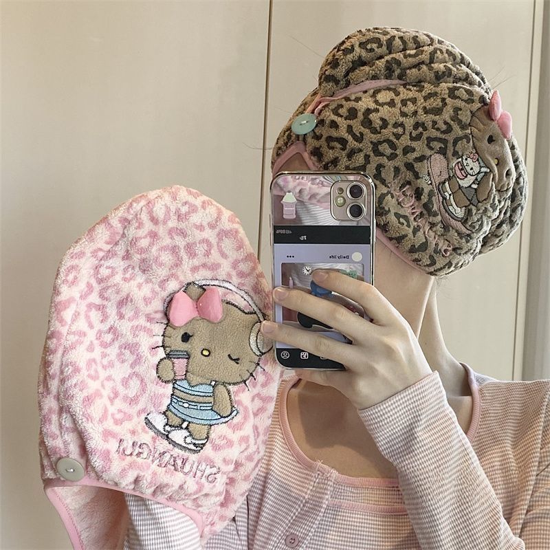 超厚Kitty豹纹猫咪干发帽吸水珊瑚头巾加厚速干成人浴帽干发巾 图片 4
