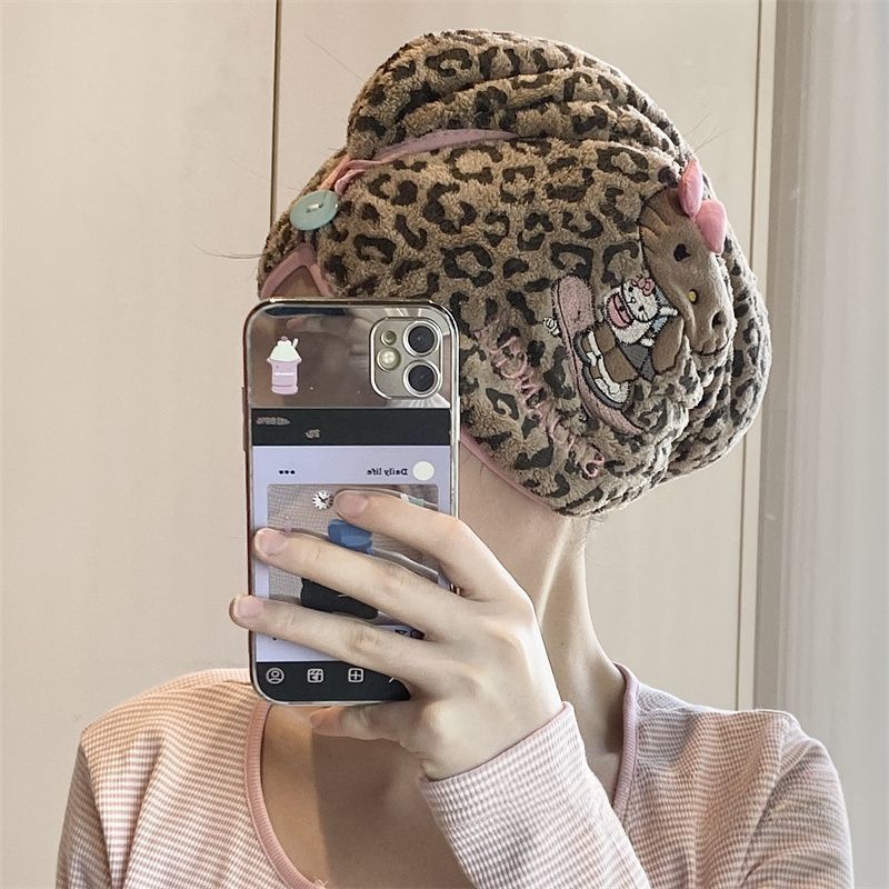 超厚Kitty豹纹猫咪干发帽吸水珊瑚头巾加厚速干成人浴帽干发巾 图片 3
