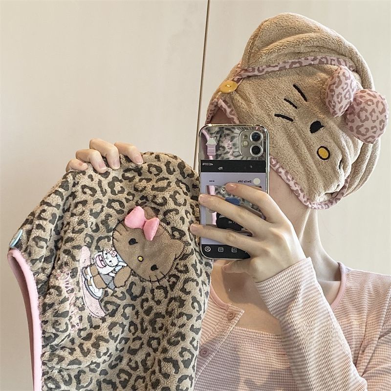 超厚Kitty豹纹猫咪干发帽吸水珊瑚头巾加厚速干成人浴帽干发巾 图片 7