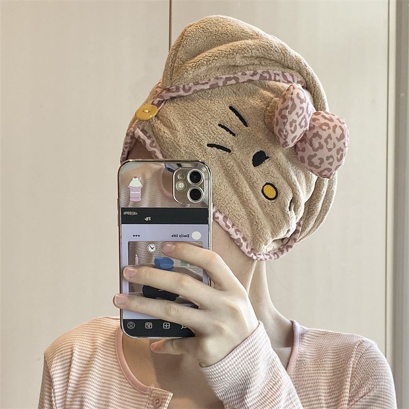 超厚Kitty豹纹猫咪干发帽吸水珊瑚头巾加厚速干成人浴帽干发巾 图片 5