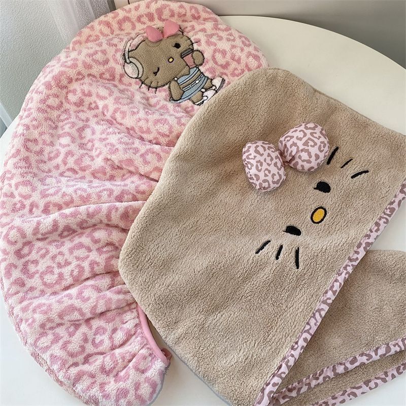 超厚Kitty豹纹猫咪干发帽吸水珊瑚头巾加厚速干成人浴帽干发巾 图片 8