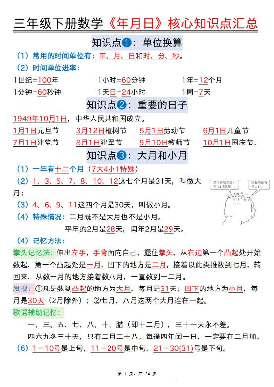 三下数学《年月日》核心知识点汇总+计算技巧+六大考点必刷题（练习+答案24页）.pdf