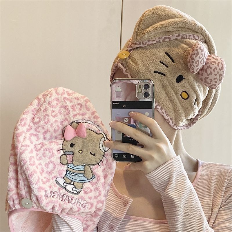 超厚Kitty豹纹猫咪干发帽吸水珊瑚头巾加厚速干成人浴帽干发巾 图片 6