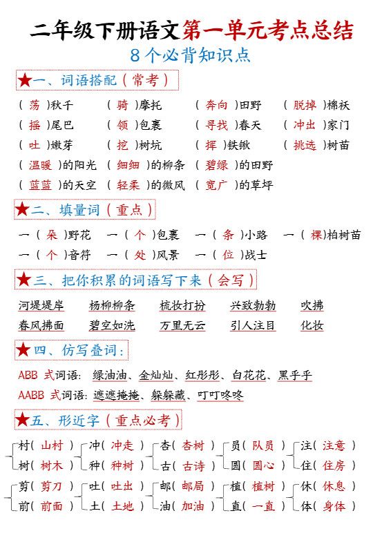 二下语文【考点】总结（8个必背知识点+练习）42页.pdf