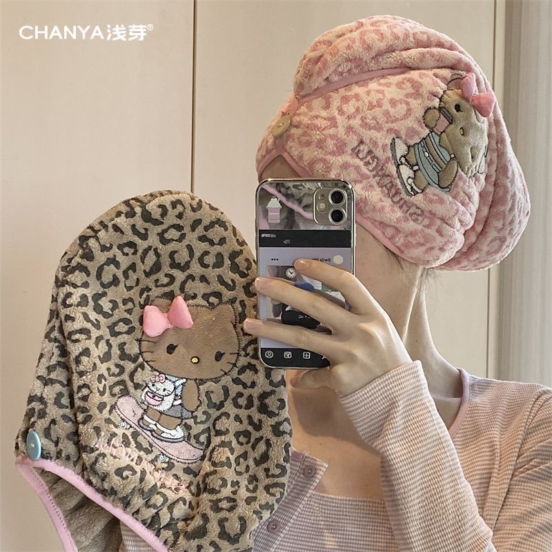 超厚Kitty豹纹猫咪干发帽吸水珊瑚头巾加厚速干成人浴帽干发巾 图片 1