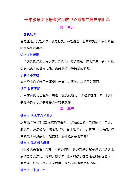 一年级语文下册课文内容中心思想专题归纳汇总.pdf
