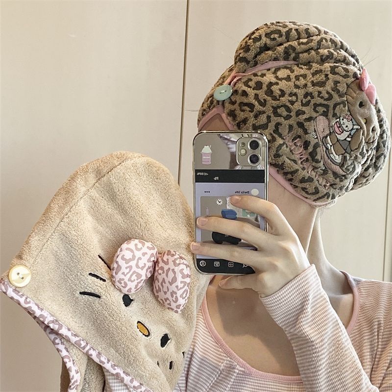 超厚Kitty豹纹猫咪干发帽吸水珊瑚头巾加厚速干成人浴帽干发巾 图片 2