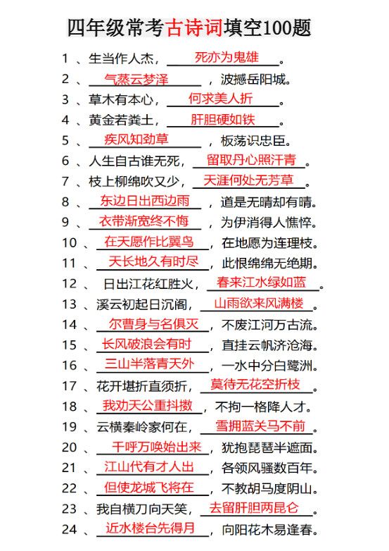 四年级下语文常考古诗词填空100题有答案.pdf