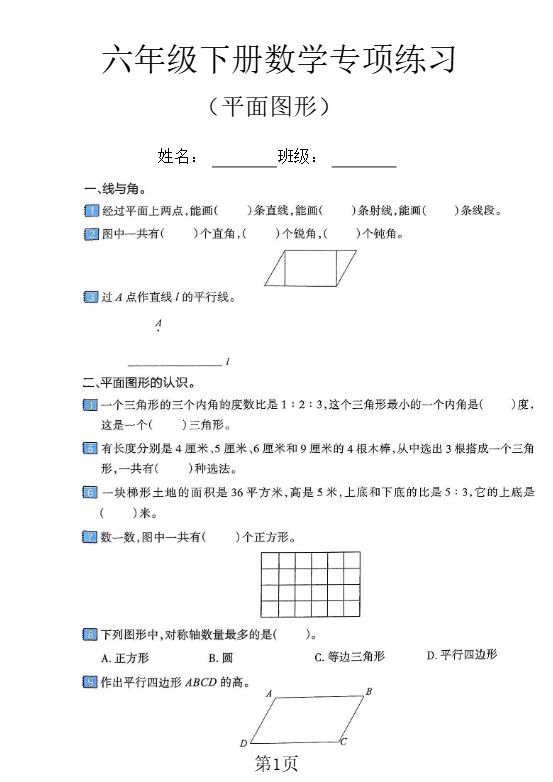 六年级下数学平面图形专项练习卷.pdf