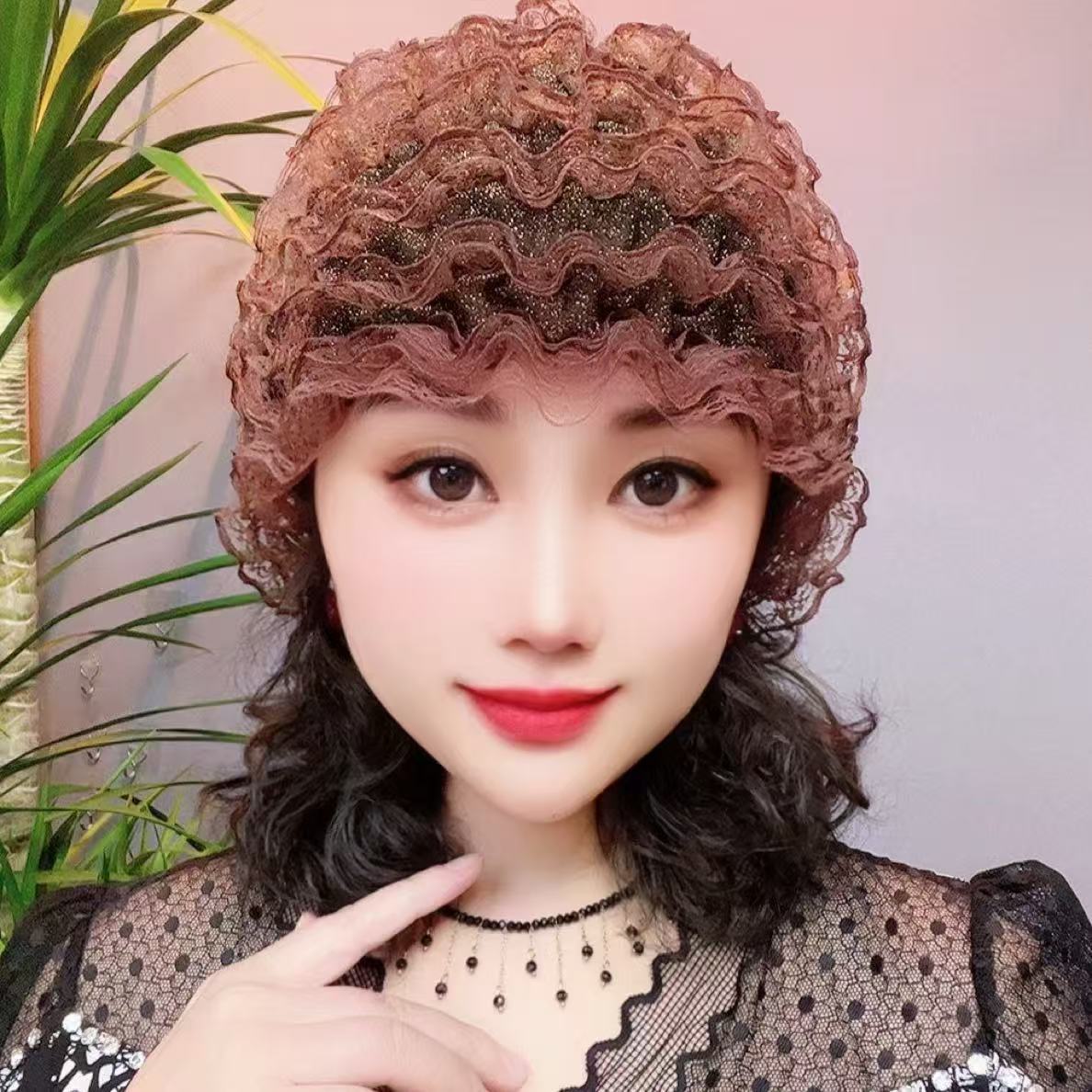 蕾丝帽子女款冬四季遮盖白发中老年人帽蕾丝网纱假发帽时尚包头帽