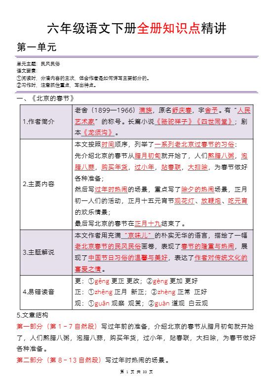 六年级语文下册全册知识点精讲33页.pdf