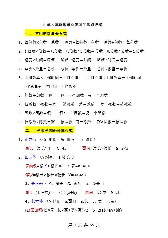 《小学六年级数学知识点归纳》六下数学【北师版】.pdf