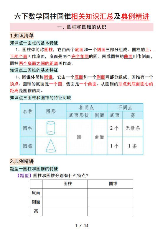 六下数学圆柱圆锥相关知识汇总及典例精讲.pdf