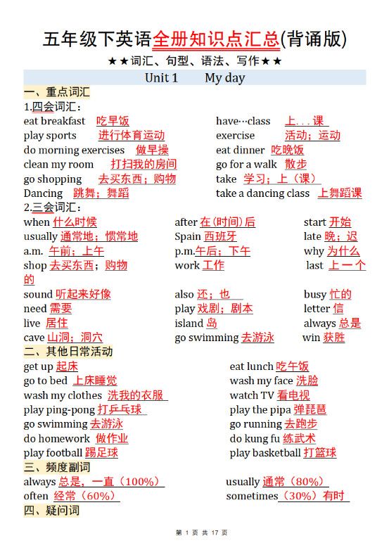 【五年级pep版英语】五年级下英语全册知识点汇总(背诵版).pdf