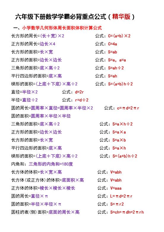 六下数学学霸必背重点公式.pdf