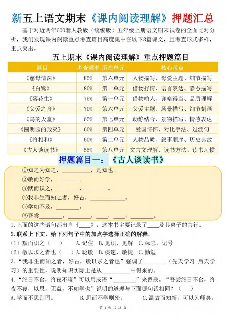 新五上语文期末《课内阅读理解》押题汇总.pdf