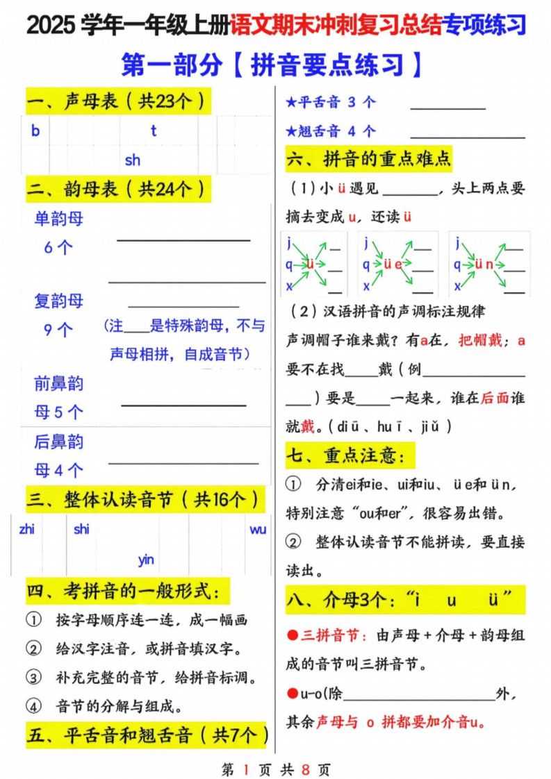 25年一上语文期末冲刺复习总结专项练习六大部分（8页）.pdf