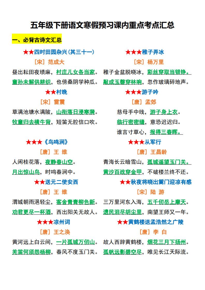 五年级（下）语文 寒假预习课内重点考点汇总.pdf